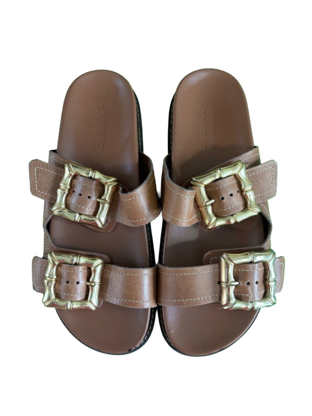 “Schutz Enola Brown Leather Double Buckle Slide Sandals Gold Hardware Size 8 - Picture 4 of 5